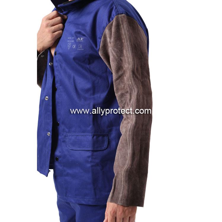 AP-2530 藍色阻燃布配炭啡色皮袖焊服